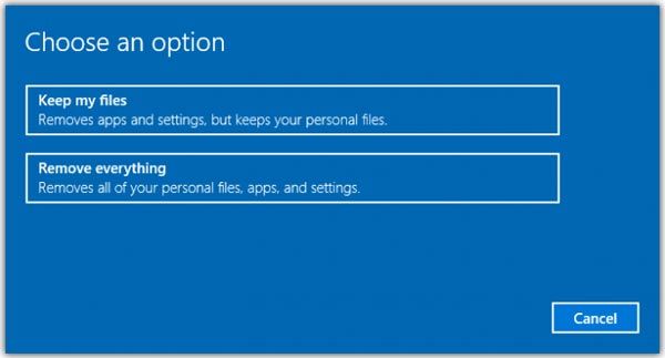 Opciones antes de restablecer Windows 10