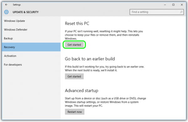Inicie el proceso de reinicio de Windows 10