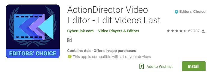 Aplicación de edición de video en Android Action Director Video Editor