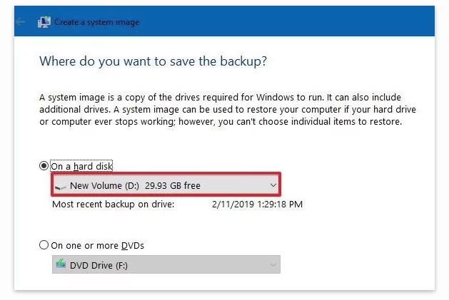 Cree un archivo de copia de seguridad de Windows 10 en un disco duro externo