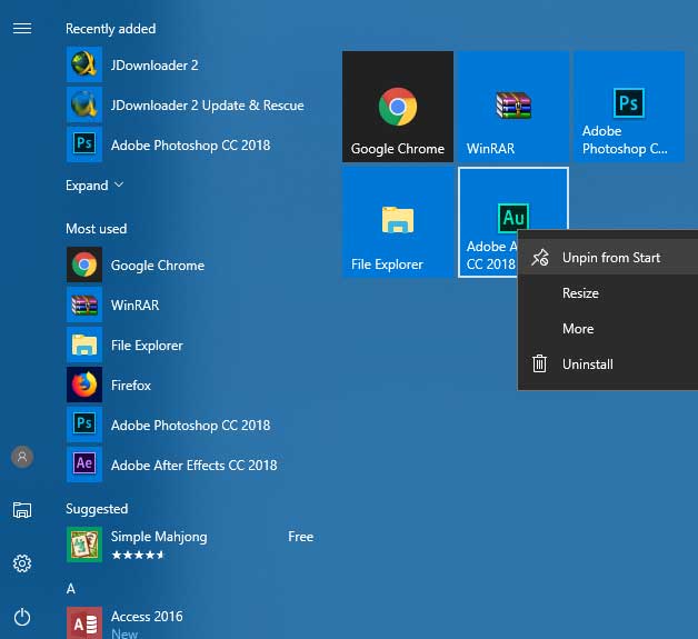 Menú de inicio minimalista de Windows 10