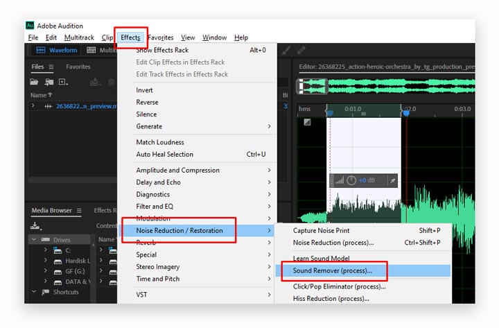 Cómo eliminar el sonido AudioJungle en Adobe Audition