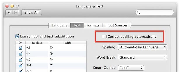 Desactivar la función de corrección ortográfica automática de MacOSX Mountain Lion