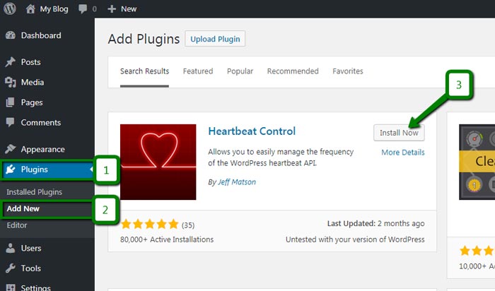 Instalación del complemento de WordPress Heartbeat Control