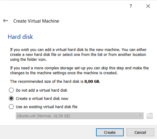 Elija crear un disco duro virtual