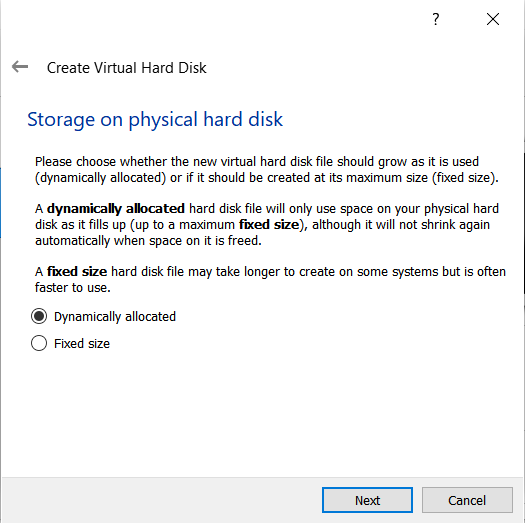 Seleccione asignado dinámicamente para el tipo de almacenamiento del disco duro virtual